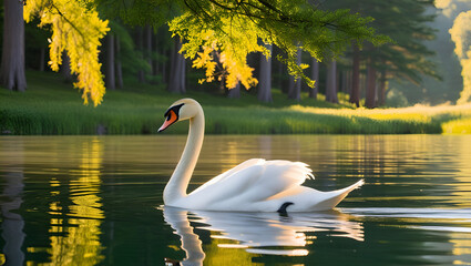Fototapeta premium Elegant Mute Swan swimming peacefully in a serene forest lake, captured in natural light