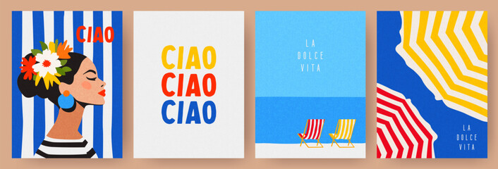 Plakat Collection of cute summer posters, cards templates with portrait of a beautiful woman, beach chairs on the seashore and umbrellas against the sky. Trendy summer design for branding, ads, print, decor
