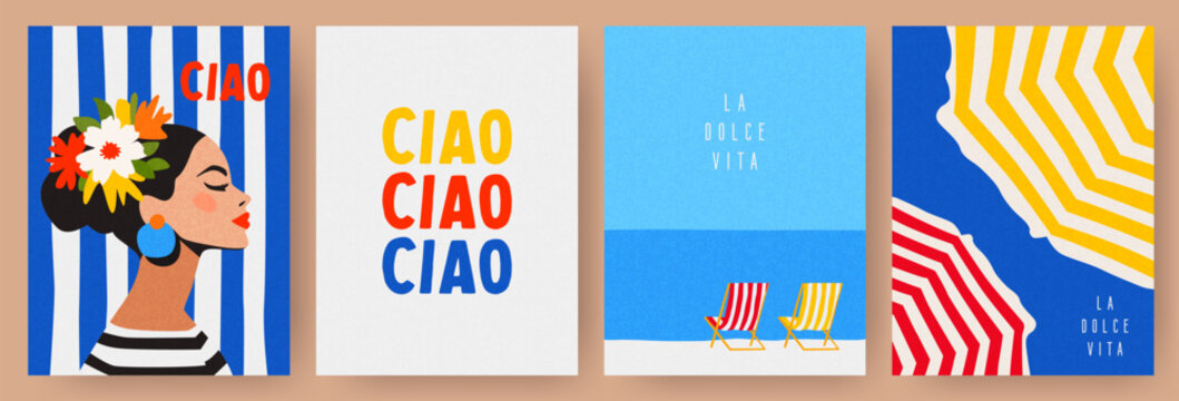 Collection of cute summer posters, cards templates with portrait of a beautiful woman, beach chairs on the seashore and umbrellas against the sky. Trendy summer design for branding, ads, print, decor