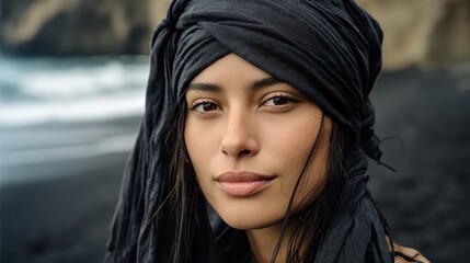 Thoughtful Woman With Headscarf by the Coastline