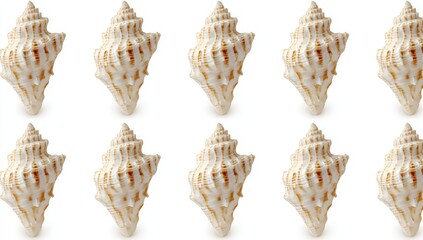 Nine seashells, cream color, symmetrical pattern on white background
