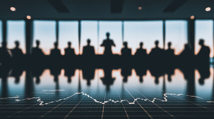 Corporate Decision-Making: A powerful visual captures a boardroom's energy, filled with silhouetted figures, symbolizing strategic discussion, underscored by a financial chart's subtle presence. 