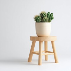 Cactus plant arrangement on wooden stool indoor setting modern decor minimalist environment close-up view