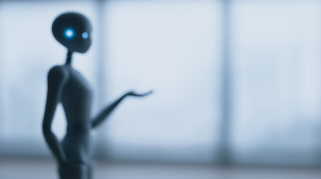 Sleek humanoid alien figure with glowing blue eyes