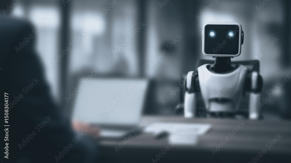 Poster robot interview: a futuristic scene depicting a robot in a job interview setting, showcasing the pot