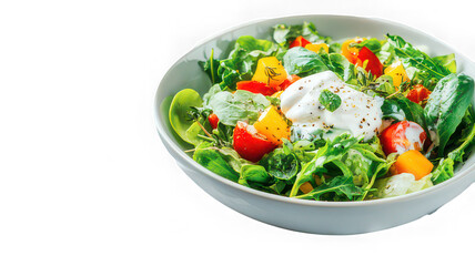 Fresh salad with tomato, yellow pepper, greens, and creamy cheese