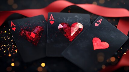 Black playing cards with red gem-like symbols.
