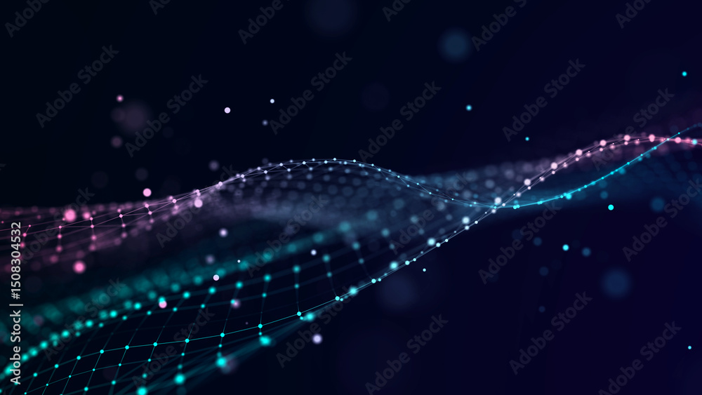 Poster abstract wave. interweaving of dots and lines on a black background. big data. 3d rendering.