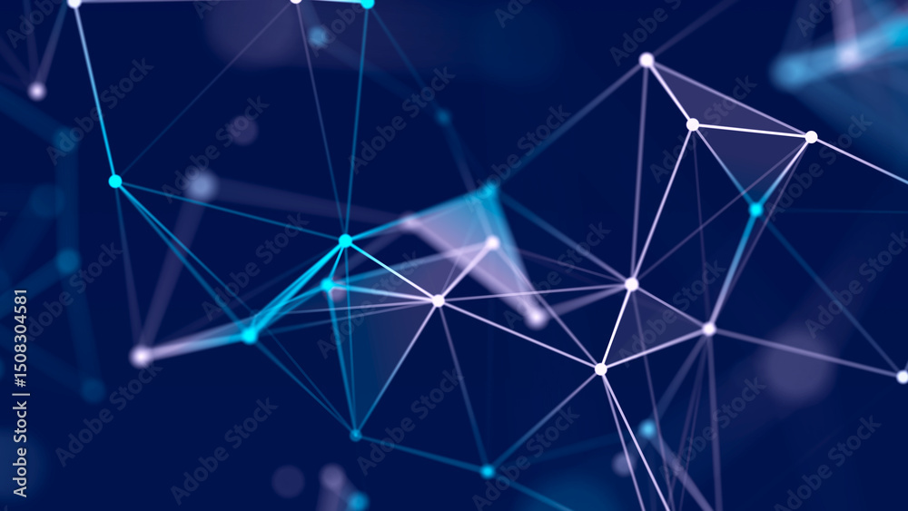 Poster interweaving of dots and lines in cyber space. study, collection and processing of data. business an