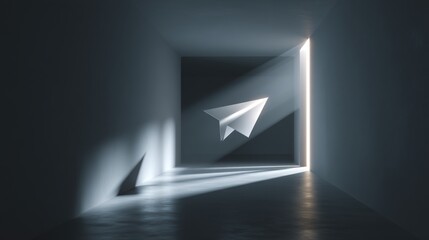 A paper airplane glides through a lighted doorway, symbolizing innovation and freedom.