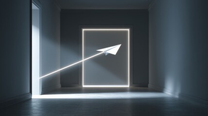 A paper airplane flies through a doorway illuminated by soft light.