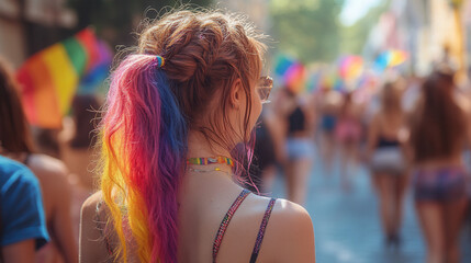 Obraz premium People of different ages and backgrounds walking together, holding rainbow flags at pride event, inclusive vibe