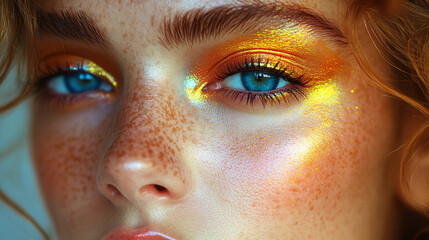 Fototapeta premium Portrait of a stylish woman with vivid LGBT pride makeup, featuring bright rainbow colors on her face, set against a minimalistic plain backdrop, expressing pride and individuality. 