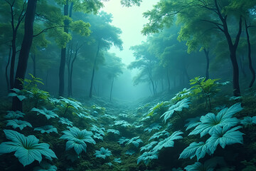 Fabric of the Outdoors dreamlike imagery of giant leaves sewn together like quilts in a surreal fantasy forest
