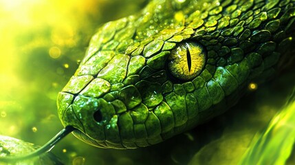 Fototapeta premium Close-Up of a Green Snake's Head and Eye in Lush Jungle Setting