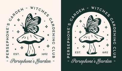 Witches witch persephone's garden magical theme gardening club plant lovers logo badge girls shirt design. Whimsical cottagecore witchy retro dark green aesthetic gardener illustration poster print.
