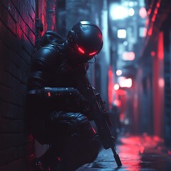 A futuristic soldier crouched in a neon-lit alleyway.