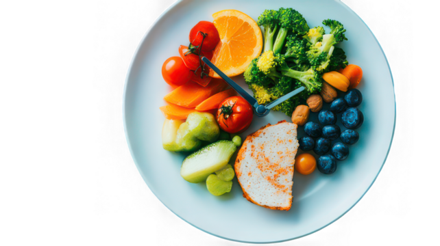 Healthy food clock with vegetables, fruit, chicken, and nuts white