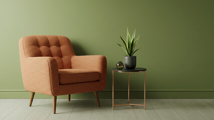 Modern Orange Armchair Beside Small Plant and Copper Table Against Green Wall