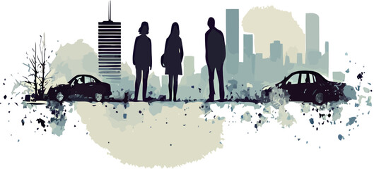 Three diverse silhouettes standing against a city skyline with abstract vehicles.