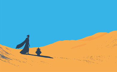 A silhouetted figure in a flowing cape walks through a vast desert landscape.