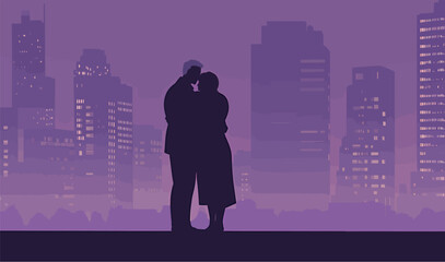 Silhouette of a couple embracing against a purple city skyline at dusk.