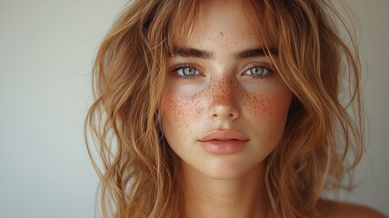 Naklejka premium Cinematic Portrait of a Young Polish Woman with Wavy Hair and Freckles Against a Soft Background