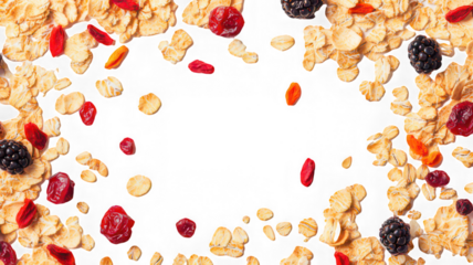 Oat flakes, dried berry, healthy breakfast, top view, vibrant color
