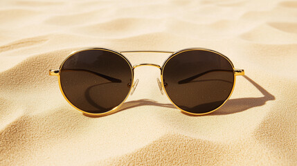 Round retro gold sunglasses on beige and sand background.