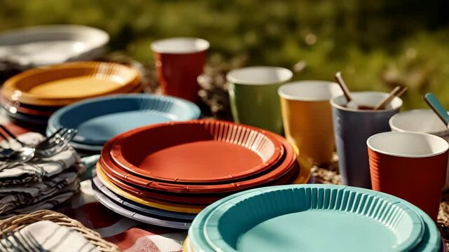 Colorful Disposable Plates and Cups on Picnic Table with Checkered Cloth, Outdoor Party Supplies, Summer Gathering, Celebration