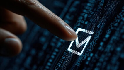 Finger touches glowing checkmark on digital interface