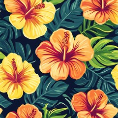 Vibrant floral pattern of hibiscus flowers and tropical leaves.