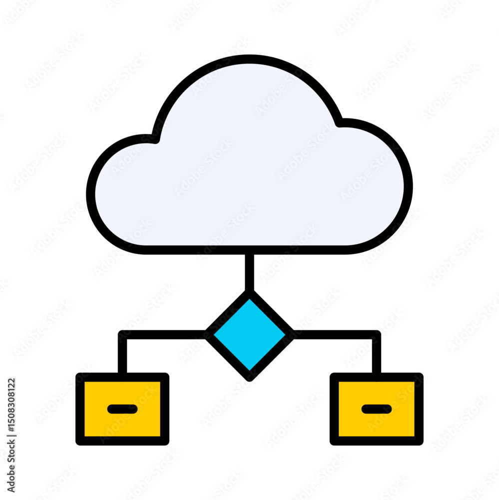 Poster cloud computing network icon: data storage, server connection, and distributed system diagram. moder