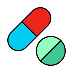 Medicine Pills Icon: Capsule & Tablet Drug Symbols. Modern Filled Vector for Pharmacy, Healthcare, Treatment & Medical Concepts. Editable