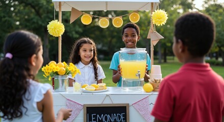 Children operating lemonade stand with yellow flowers, orange garland in park. Girl and boy serving fresh citrus drinks to customers. Summer entrepreneurship and business learning. Kids education sale
