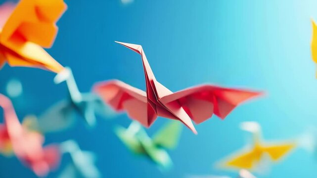 Colorful origami folded paper cranes. Origami birds. Colorful paper birds (origami birds)	