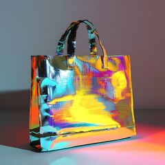 A colorful iridescent tote bag sits on a plain surface.