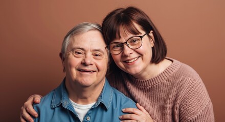 Smiling couple with down syndrome embracing on brown background. Man and woman with special needs showing love and happiness together. Inclusion and relationship concept. Social service sale