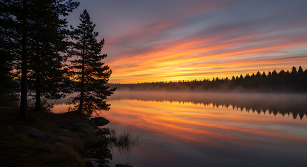 Serene Sunrise over Misty Lake with Silhouetted Pine Trees Reflecting in Calm Water