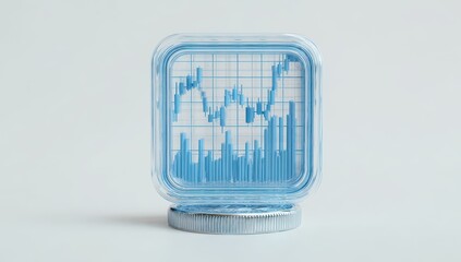 Light-blue chart graphic in transparent box on a metallic base
