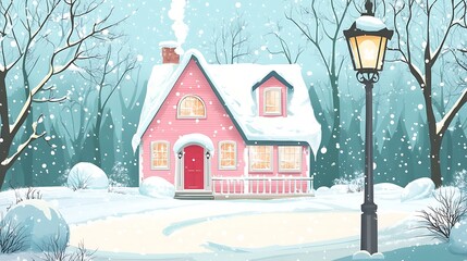 Pink house nestled in a snowy winter scene.