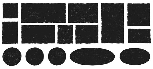 Hand drawn grunge textured text box frames set with uneven rough jagged edge. Ink pen rectangles squares circles ovals collection. Retro vintage aged distressed vector banners borders templates - obrazy, fototapety, plakaty
