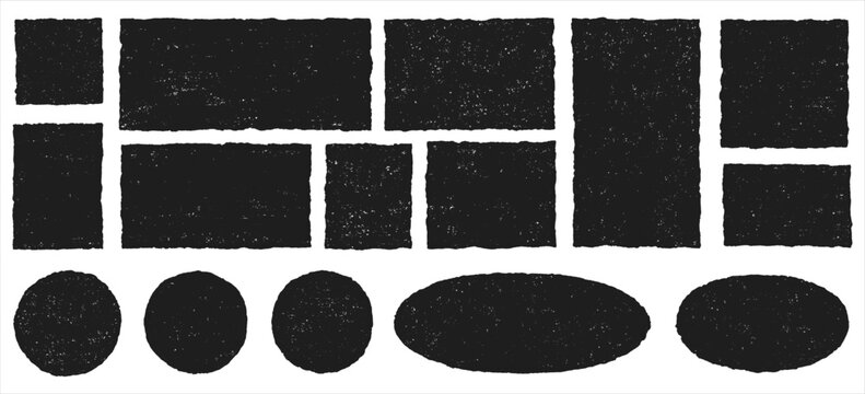 Hand drawn grunge textured text box frames set with uneven rough jagged edge. Ink pen rectangles squares circles ovals collection. Retro vintage aged distressed vector banners borders templates