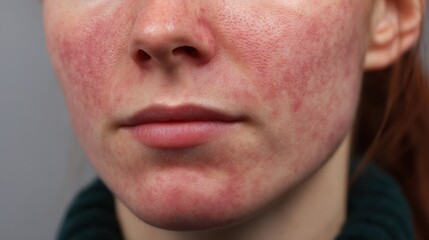 Close-up of a woman's face showing skin condition and redness.