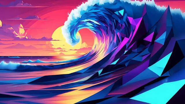 Vibrant digital artwork of geometric ocean wave crashing under a colorful sunset sky with sharp angular shapes and vivid surreal gradients

