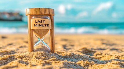 last minute, summer vacation offer, sale, deal, holiday travel tourism travel agency concept background - hourglass in the sand on the beach with sea in the background
