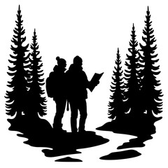 Silhouette of Couple Holding Map on Forest Trail, Hiking Adventure