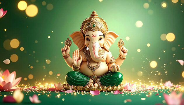 Golden Ganesh statue surrounded by flowers on a decorative background
