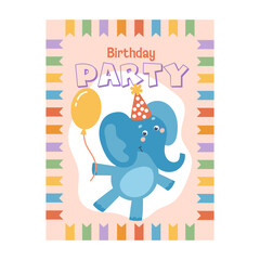 Cartoon elephant birthday party invitation template. Concept of celebration fun. Hand-drawn vector illustration in flat style.