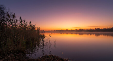 Serene Sunrise over Calm Lake with Reeds Misty Atmosphere Golden Hour
